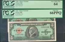 CUBA. Set of 2 banknotes of 5 Pesos. 1960. (Pick: 92a). PCGS64/66PPQ