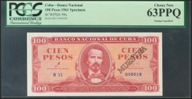 CUBA. 100 Pesos. 1961. Specimen. (Pick: 99s). PCGS63PPQ.