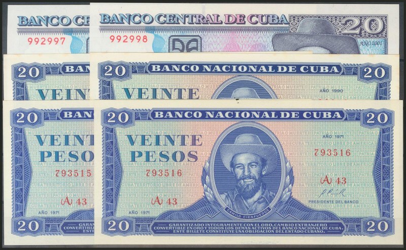 CUBA. Set of 6 banknotes of 20 Pesos. 1971/1990/2001. Three Correlative pairs, o...