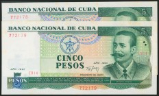 CUBA. Set of 2 banknotes of 5 Pesos. 1991. Correlative pair. (Pick: 108a). Uncirculated (tiny rust spots).