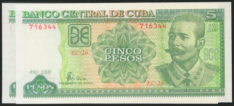 CUBA. Set of 2 banknotes of 5 Pesos. 2000. Correlative pair. (Pick: 116c). Uncir...