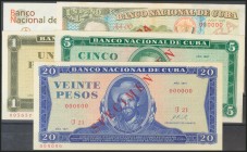 CUBA. Set of 5 banknotes of 1 Peso (2), 1 Peso Convertible, 5, 10 and 20 Pesos. 1967-1995. Specimen 000000, all them. Uncirculated.