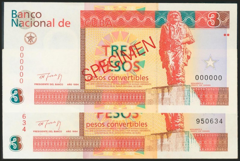 CUBA. Set of 2 banknotes of 3 Pesos Convertibles, one of them Specimen. 1994. (P...