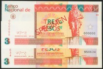 CUBA. Set of 2 banknotes of 3 Pesos Convertibles, one of them Specimen. 1994. (Pick: Cs26). Uncirculated.