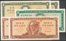 CUBA. Set of 5 banknotes of 1, 5 and 10 Pesos. 1965-1988. Specimen all them. Uncirculated.