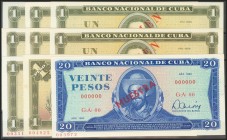 CUBA. Set of 22 banknotes of 1, 5 and 20 Pesos. 1968-1988. Specimen 000000 all them. Uncirculated.