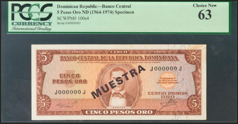 DOMINICAN REPUBLIC. 5 Pesos Oro. 1964-1974. Specimen J000000J. (Pick: 100s4). PC...