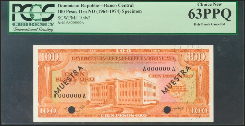 DOMINICAN REPUBLIC. 100 Pesos Oro. 1964-1974. Specimen A000000A. (Pick: 104s2). ...