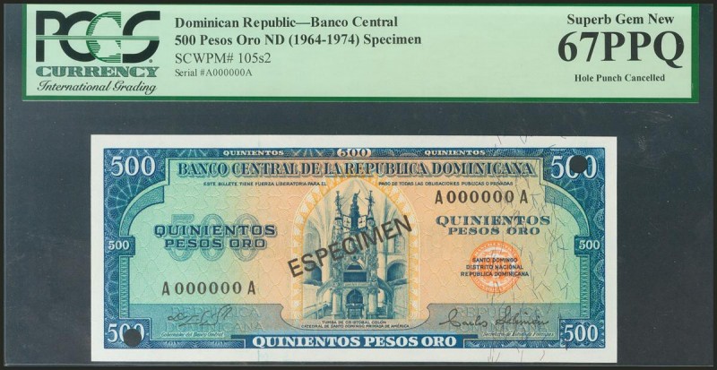 DOMINICAN REPUBLIC. 500 Pesos Oro. 1964-1974. Specimen A000000A. (Pick: 105s2). ...