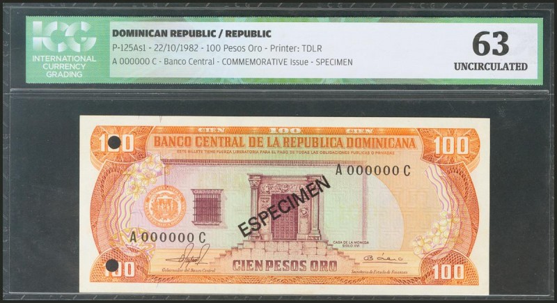 DOMINICAN REPUBLIC. 100 Pesos Oro. 22 October 1982. (Pick: 125As1). ICG63.