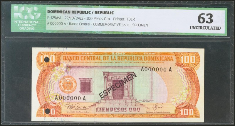 DOMINICAN REPUBLIC. 100 Pesos Oro. 22 October 1982. Specimen A000000A. (Pick: 12...