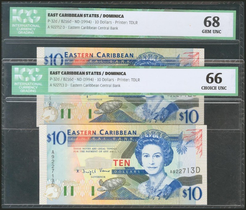 EAST CARIBBEAN STATES. 10 Dollars. 1994. Dominica. Consecutive pair. (Pick: 32d)...