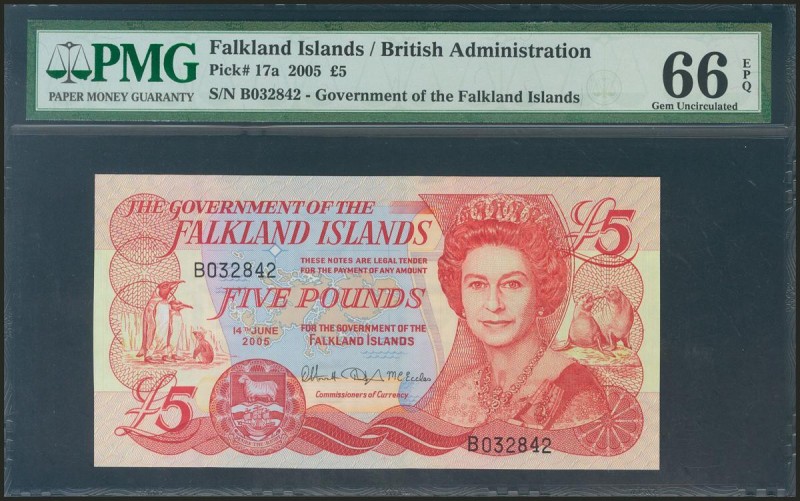 FALKAND ISLANDS. 5 Pounds. 14 June 2005. (Pick: 17a). PMG66EPQ.