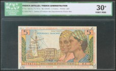 FRENCH ANTILLES. 5 Francs. 1964. (Pick: 7a). ICG30* (small rusty holes and graffiti at corners).