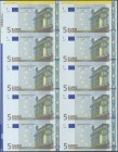 ALEMANIA (GERMANY). 5 Euros. 1 de Enero de 2002. Bloque de 10, sin guillotinar, procedente de la plancha completa de 50 billetes. Serie X, pertenecien...