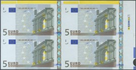 ALEMANIA (GERMANY). 5 Euros. 1 de Enero de 2002. Bloque de 4, sin guillotinar, procedente de la plancha completa de 50 billetes. Serie X, pertenecient...