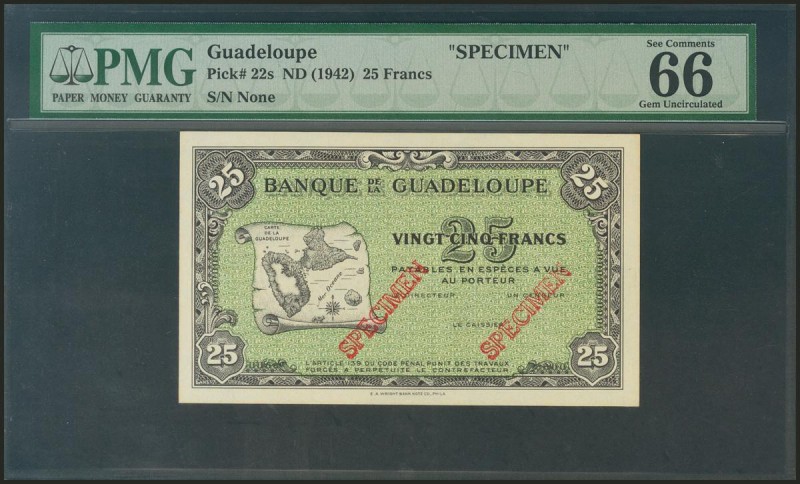 GUADELOUPE. 25 Francs. 1942. Specimen. (Pick: 22s). PMG66.