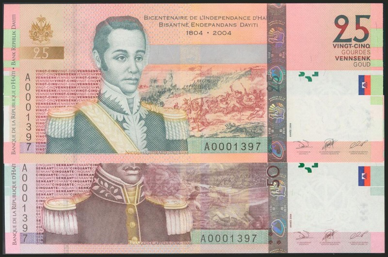 HAITI. 25 and 50 Gourdes. 2000. Same numeration. (Pick: 273, 274). Uncirculated.