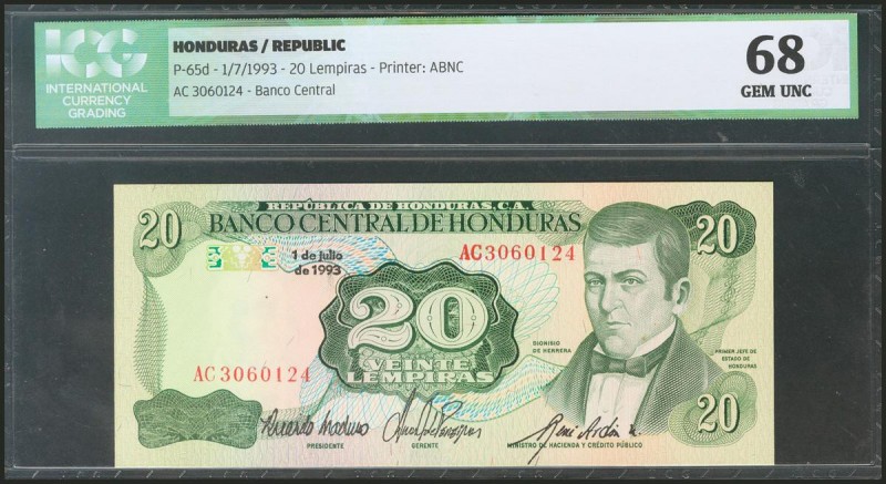 HONDURAS. 20 Lempiras. 1 July 1993. (Pick: 65d). ICG68.