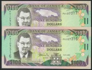 JAMAICA. 100 Dollars. 15 January 2002. Consecutive pair. (Pick: 80b). Uncirculated.