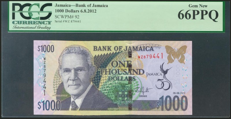 JAMAICA. 1000 Dollars. 6 August 2012. (Pick: 92). PMG66PPQ.