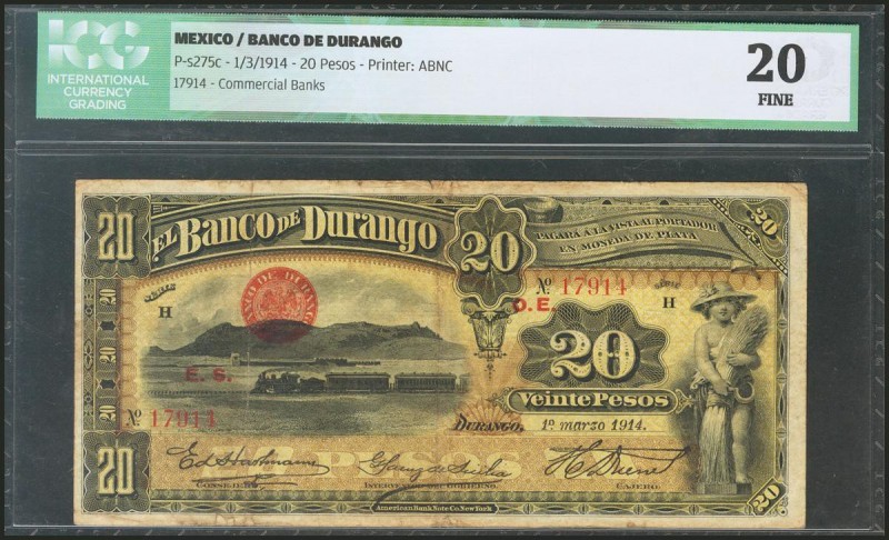 MEXICO. BANCO DE DURANGO. 20 Pesos. 1 March 1914. (Pick: s275c). ICG20.