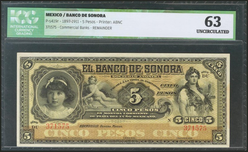 MEXICO. BANCO DE SONORA. 5 Pesos. 1897-1911. (Pick: s419r). ICG63.