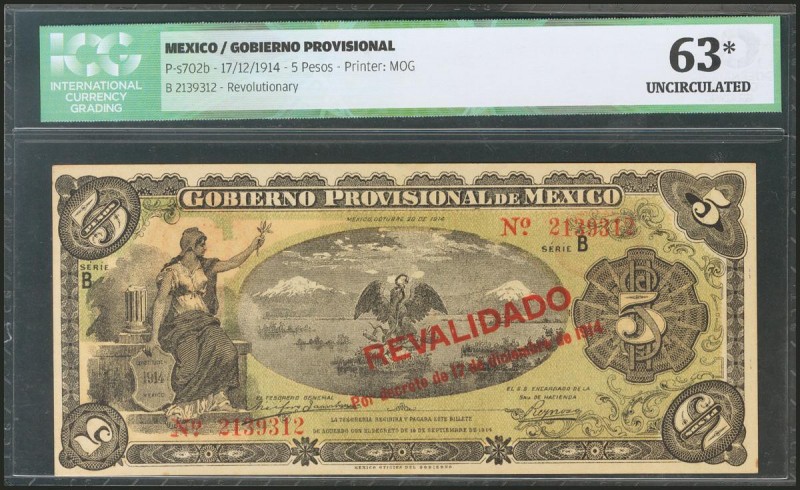 MEXICO. GOBIERNO PROVISIONAL. 5 Pesos. 17 December 1914. Revalidado. (Pick: s702...