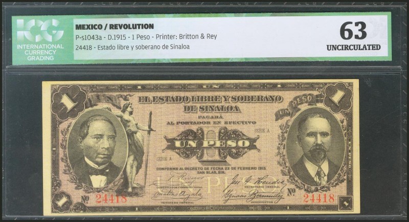 MEXICO. REVOLUTION. 1 Peso. 22 February 1915. Sinaloa State. (Pick: s1043a). ICG...