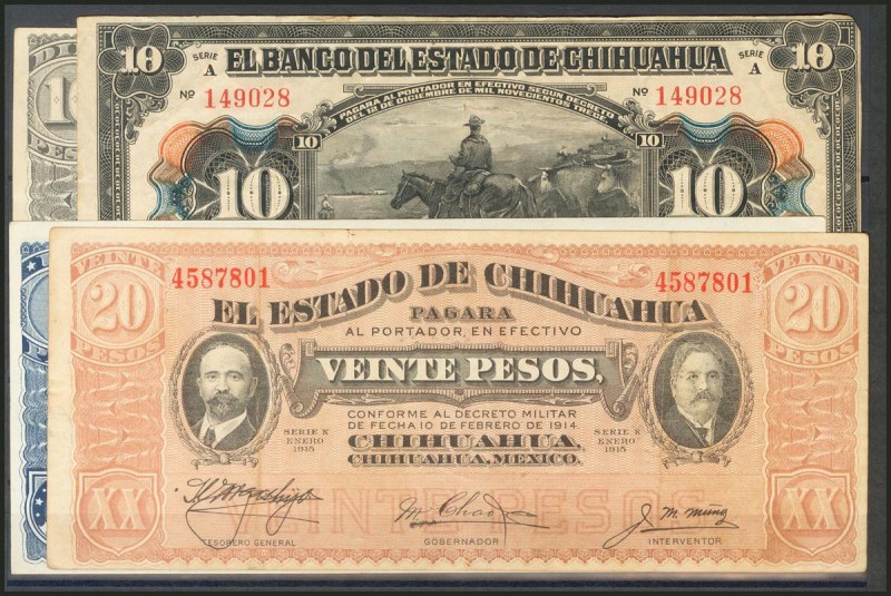 MEXICO. ESTADO DE CHIHUAHUA. Set of 10 banknotes of 1, 5 and 10 Pesos. 1914/1915...