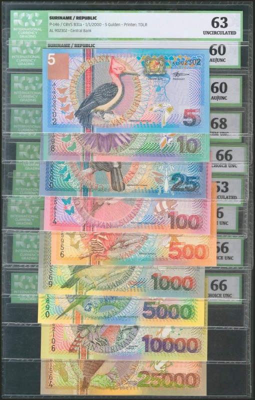 SURINAME. Set of 9 banknotes, issued 1 January 2000, values of 5, 10, 25, 100, 5...