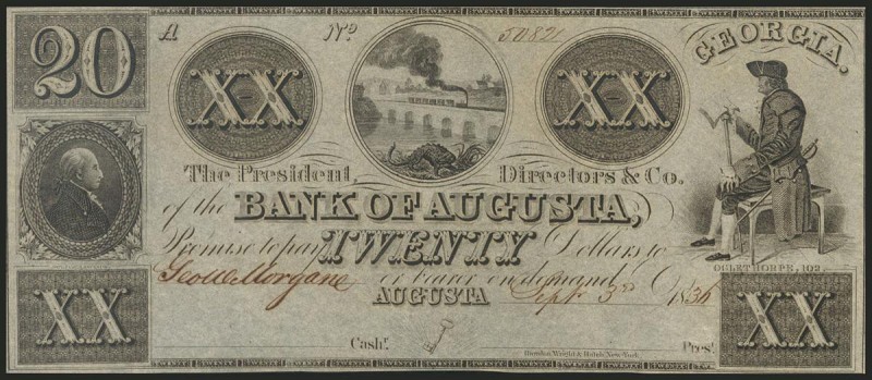 USA. 20 Dollars. Bank of Augusta. 1835, September 3. About uncirculated.