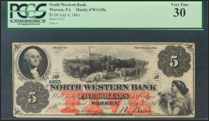 USA. NORTH WESTERN BANK. 5 Dollars. Warren. Plate A. July 4, 1861. (Haxby: 670-G...