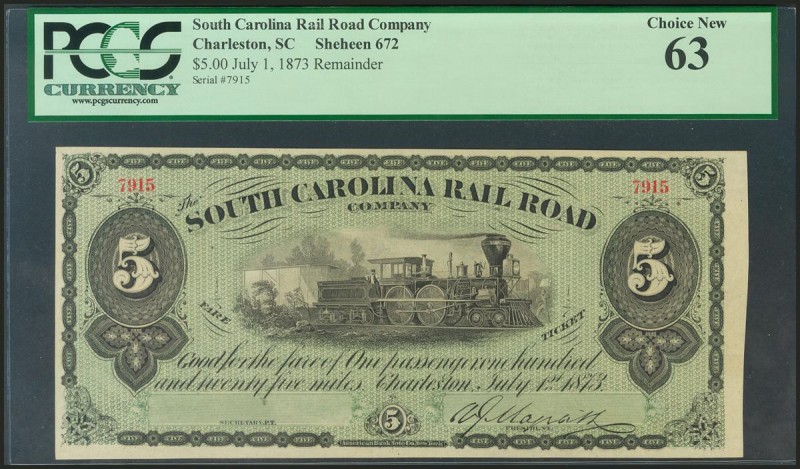 USA. SOUTH CAROLINA RAIL ROAD COMPANY. 5 Dollars. Charleston. July 1, 1873. (She...