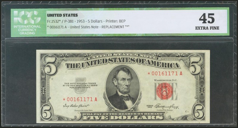 USA. 5 Dollars. Legal Tender Note. Serial number star*-A, replacement. 1953. (Fr...