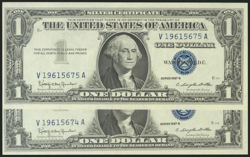 USA. 1 Dollar. Siver Certificate Note. Consecutive pair. Serial number V-A. 1957...