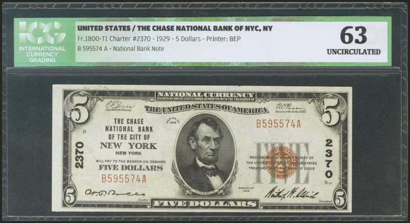 USA. 5 Dollars. National Currency. New York. Serial number B-A. 1929. (Friedberg...