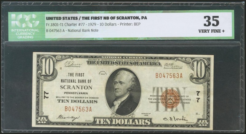 USA. 10 Dollars. National Currency. Pennsylvania. Serial number B-A. 1929. (Frie...