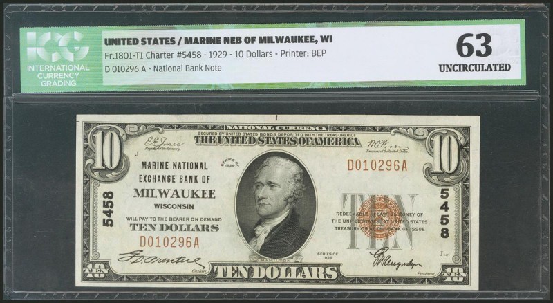 USA. 10 Dollars. National Currency. Wisconsin. Serial number D-A, low serial. 19...