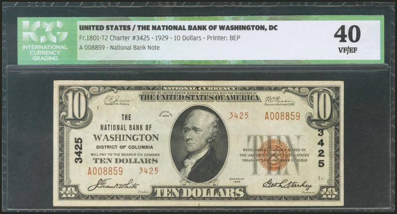 USA. 10 Dollars. National Currency. Columbia. Serial number A, low serial. 1929....