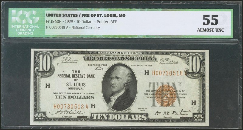 USA. 10 Dollars. National Currency. St. Louis. Serial number H-A. 1929. (Friedbe...