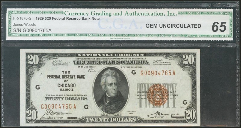 USA. 20 Dollars. Federal Reserve Note. Chicago. Serial number G-A. 1929. (Friedb...