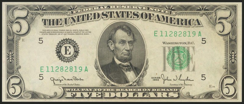 USA. 5 Dollars. Federal Reserve Note. Richmond. Serial number E-A. 1950. (Friedb...