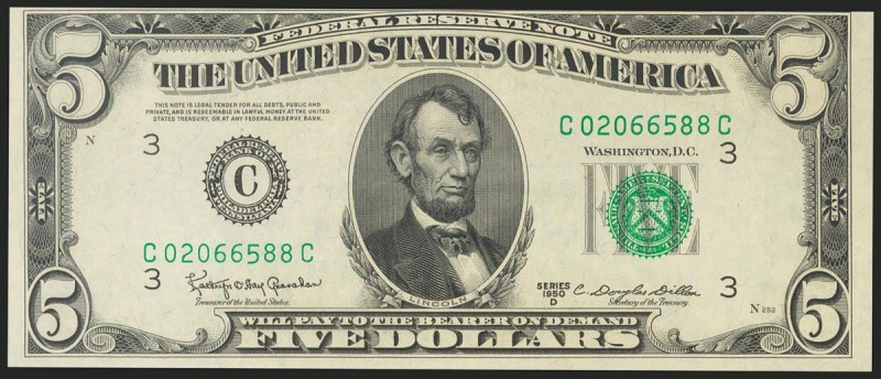 USA. 5 Dollars. Federal Reserve Note. Philadelphia. Serial number C-C. 1950D. (F...