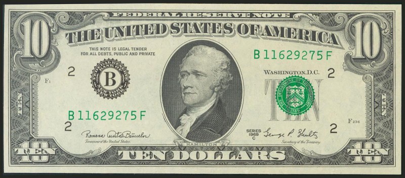 USA. 10 Dollars. Federal Reserve Note. New York. Serial number B-F. 1969C. (Frie...