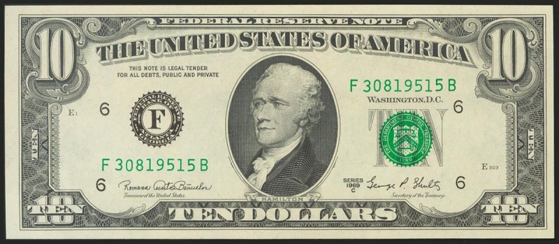 USA. 10 Dollars. Federal Reserve Note. Atlanta. Serial number F-B. 1969C. (Fried...