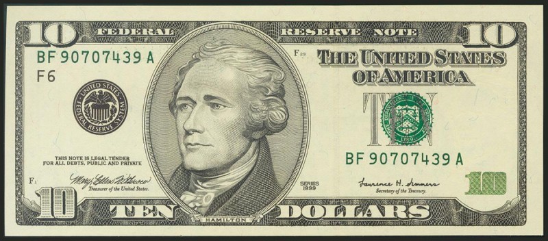 USA. 10 Dollars. Federal Reserve Note. Atlanta. Serial number BF-A. 1999. (Fried...