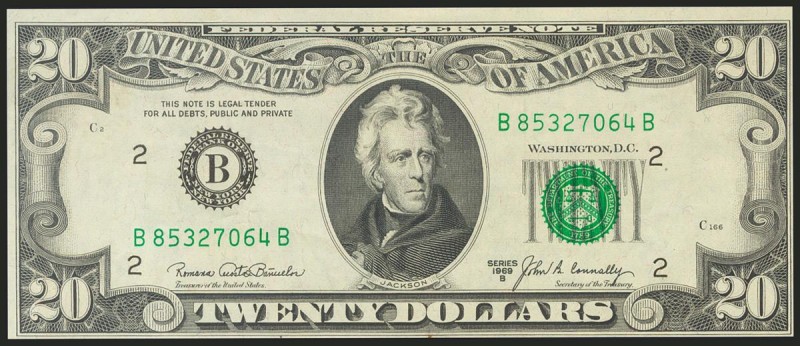 USA. 20 Dollars. Federal Reserve Note. New York. Serial number B-B. 1969B. (Frie...