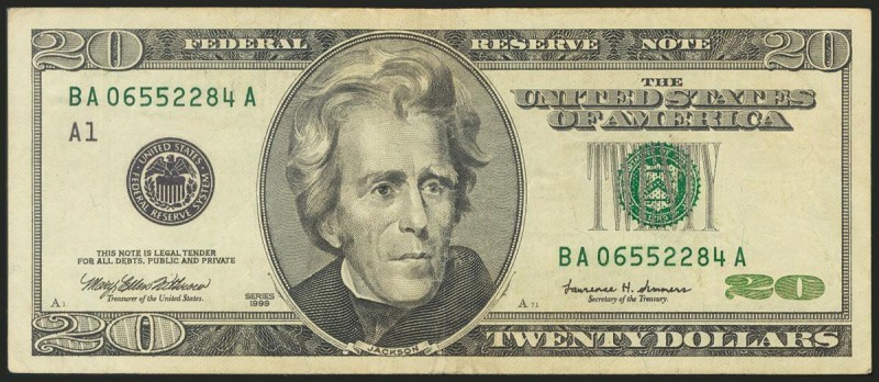 USA. 20 Dollars. Federal Reserve Note. Boston. Serial number BA-A. 1999. (Friedb...