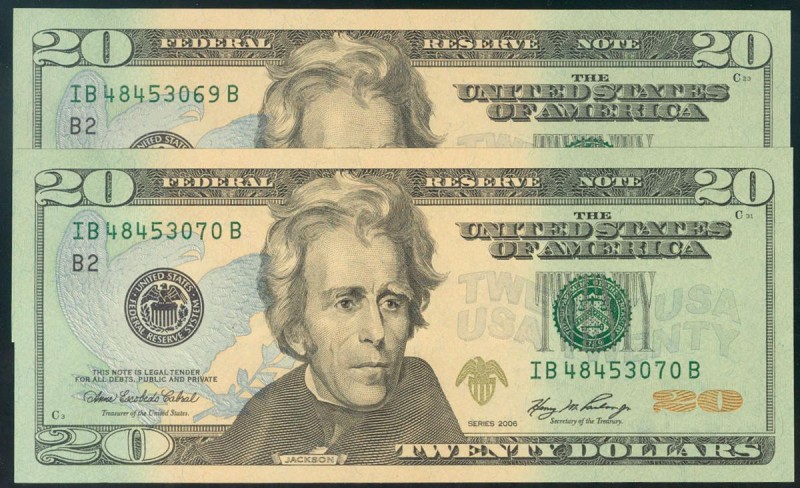 USA. 20 Dollars. Federal Reserve Note. New York. Correlative pair. Serial number...